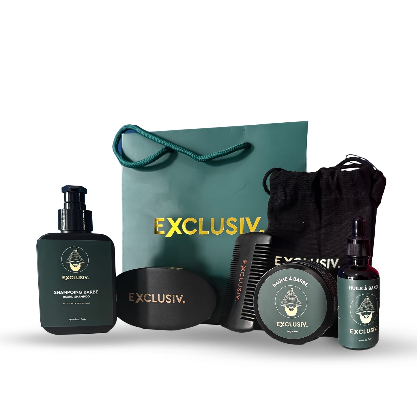Routine complète de soins pour barbe EXCLUSIV. comprenant shampoing, huile, baume et accessoires pour un entretien optimal