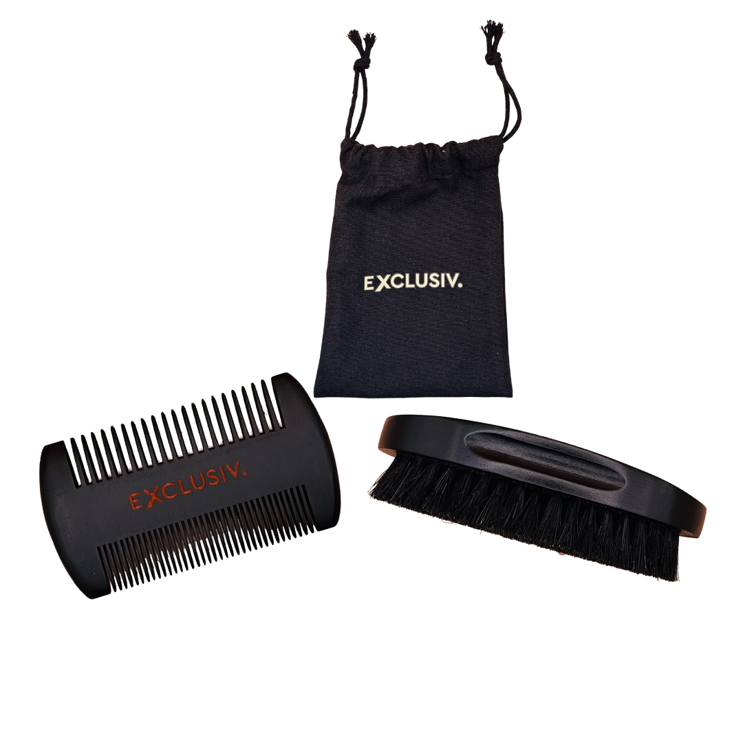 Pack accessoires barbe Exclusiv. – brosse, peigne et sac pour routine grooming complète